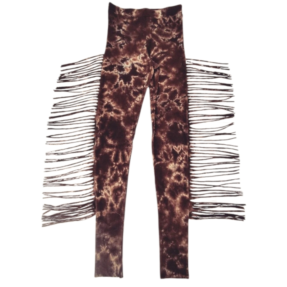 High Waisted Tie Dye Fringe Leggings In Brown Size XS S M L XL Yoga Pants Boho
